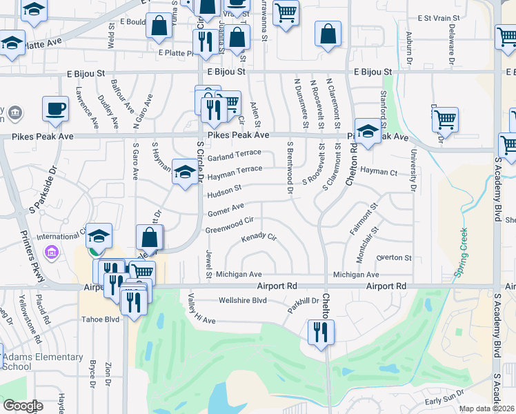 map of restaurants, bars, coffee shops, grocery stores, and more near 3102 Greenwood Circle in Colorado Springs
