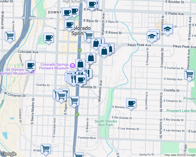 map of restaurants, bars, coffee shops, grocery stores, and more near 302 South Wahsatch Avenue in Colorado Springs