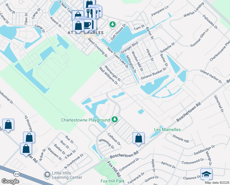 map of restaurants, bars, coffee shops, grocery stores, and more near 3232 Stowe Landing in Saint Charles