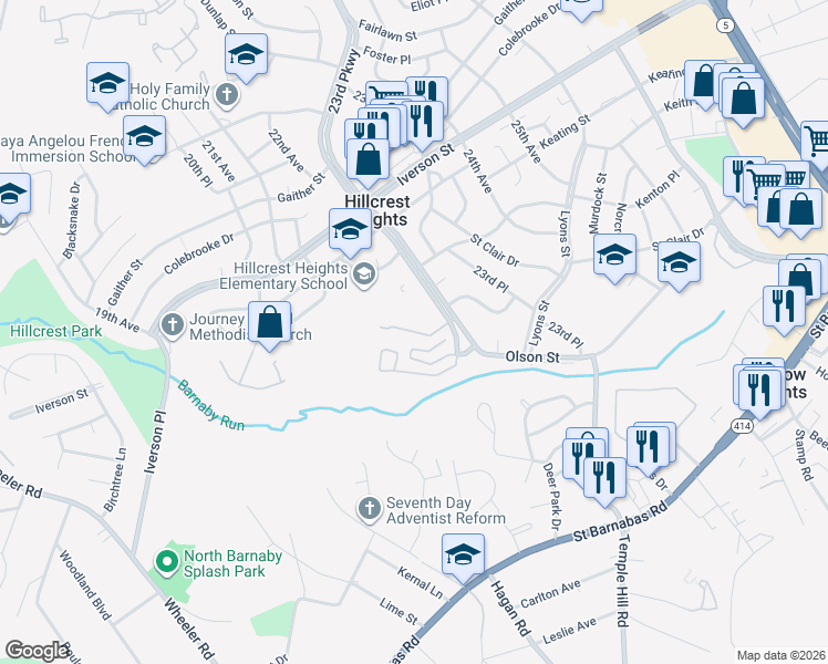 map of restaurants, bars, coffee shops, grocery stores, and more near 4403 23rd Parkway in Hillcrest Heights