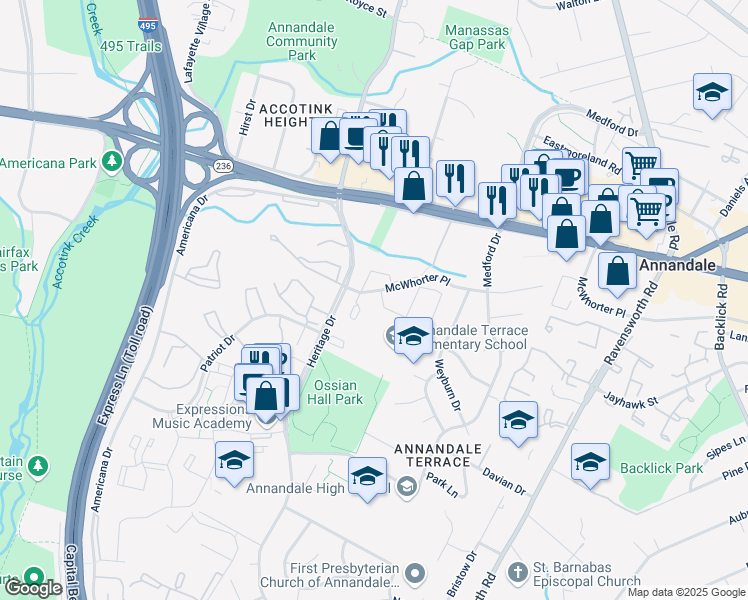 map of restaurants, bars, coffee shops, grocery stores, and more near 7615 McWhorter Place in Annandale