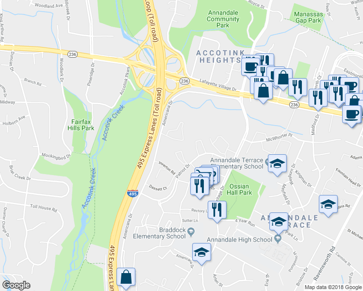 map of restaurants, bars, coffee shops, grocery stores, and more near 4351 Americana Drive in Annandale