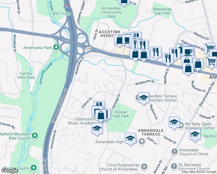 map of restaurants, bars, coffee shops, grocery stores, and more near 7717 Lafayette Forest Drive in Annandale