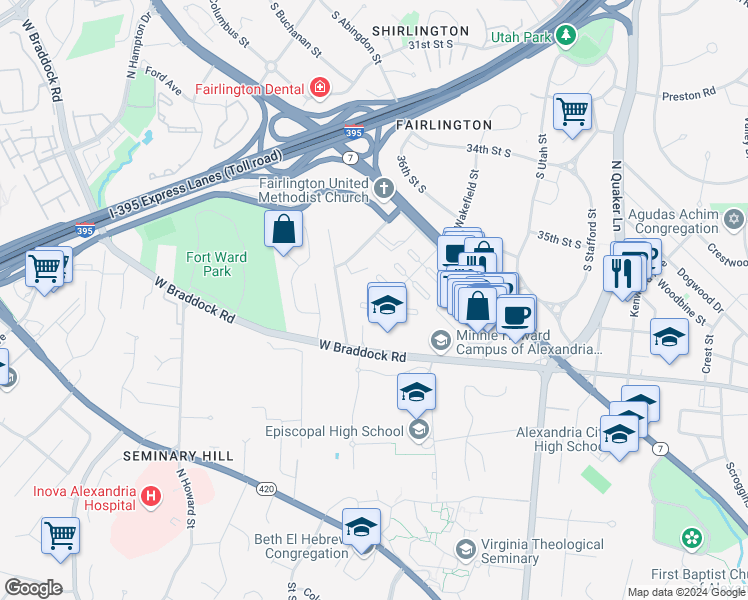 map of restaurants, bars, coffee shops, grocery stores, and more near 3823 Keller Avenue in Alexandria
