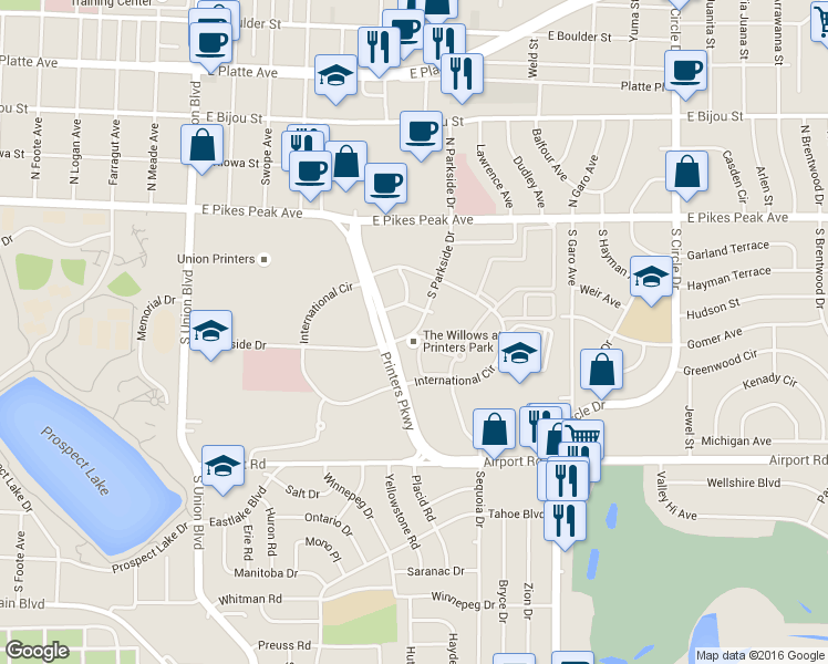 map of restaurants, bars, coffee shops, grocery stores, and more near 2235 Willow Tree Grove in Colorado Springs