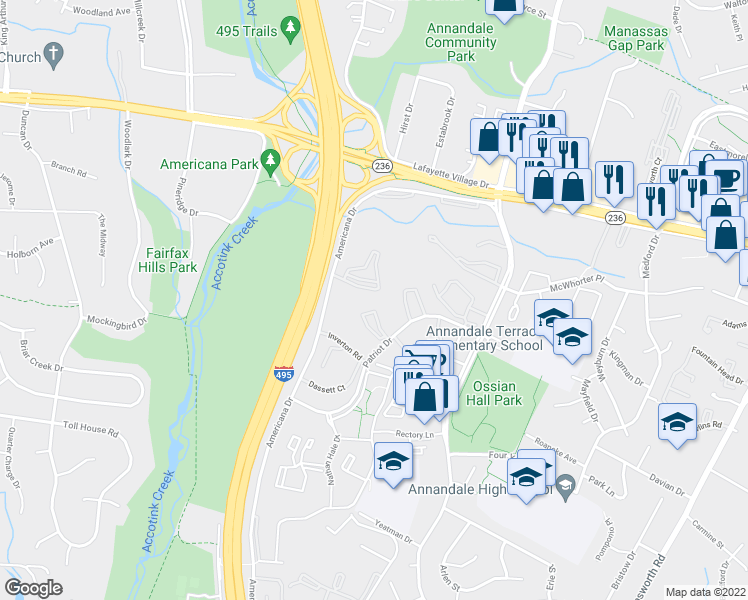 map of restaurants, bars, coffee shops, grocery stores, and more near 4351 Americana Drive in Annandale