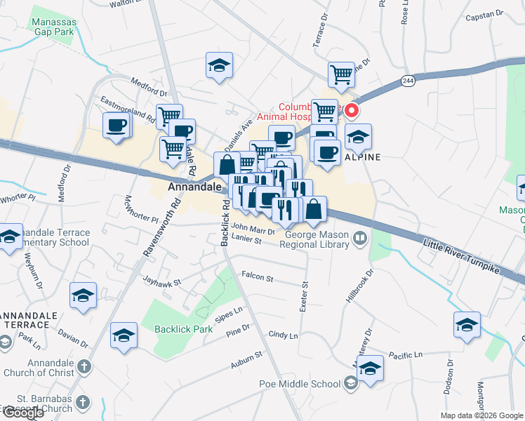map of restaurants, bars, coffee shops, grocery stores, and more near 7137 Little River Turnpike in Annandale