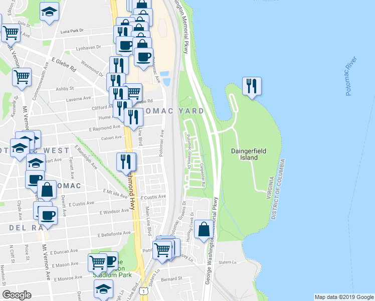 map of restaurants, bars, coffee shops, grocery stores, and more near 1804 Potomac Greens Drive in Alexandria