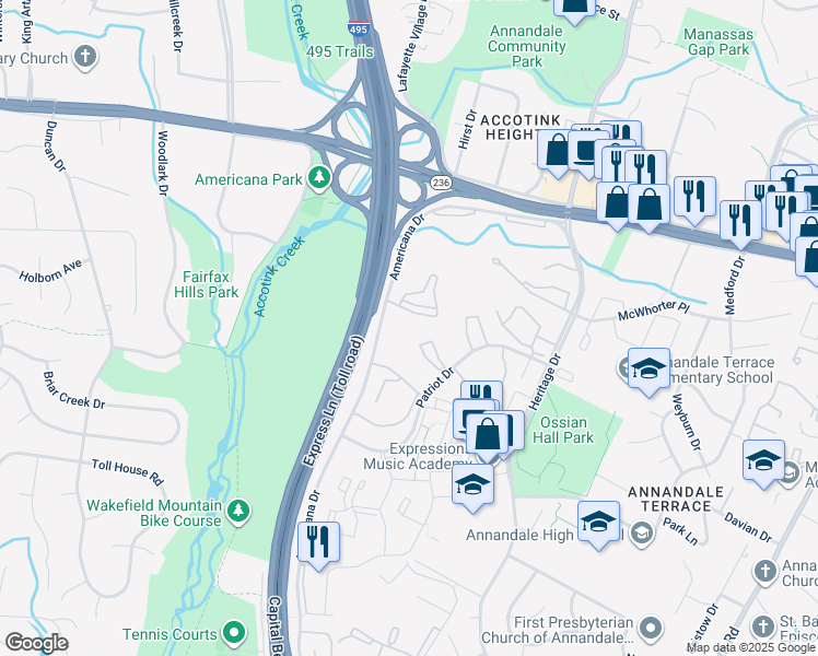 map of restaurants, bars, coffee shops, grocery stores, and more near 4365 Americana Drive in Annandale