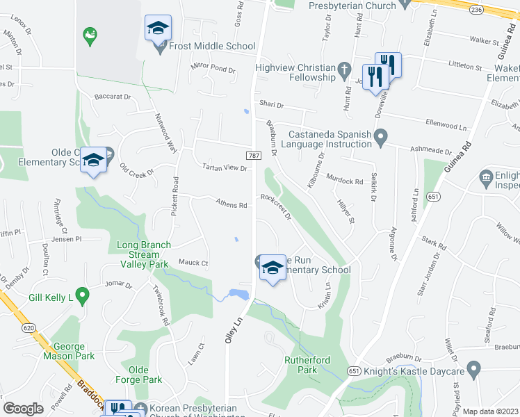 map of restaurants, bars, coffee shops, grocery stores, and more near 4317 Olley Lane in Fairfax