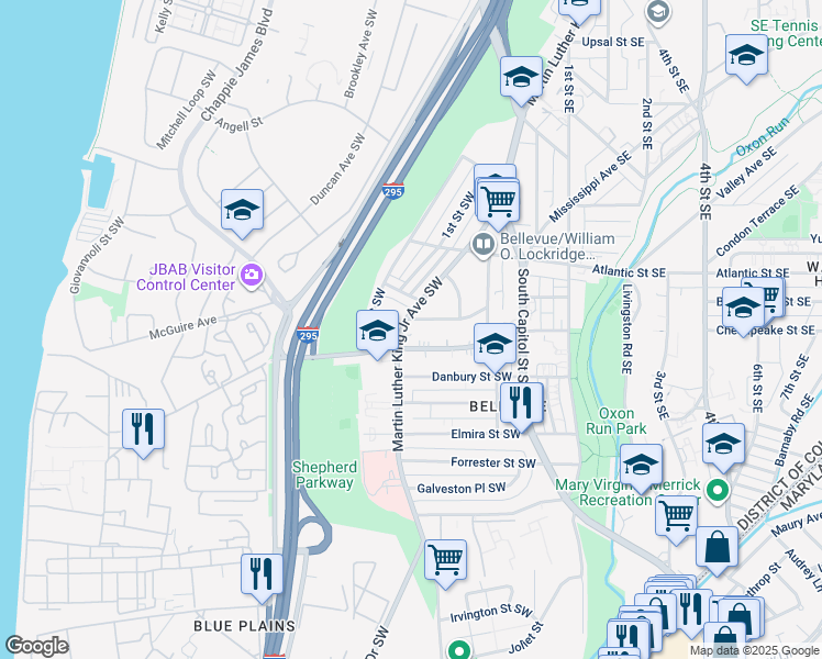 map of restaurants, bars, coffee shops, grocery stores, and more near 4104 Martin Luther King Junior Avenue Southwest in Washington