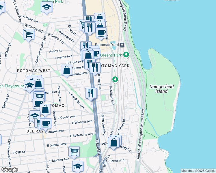 map of restaurants, bars, coffee shops, grocery stores, and more near 737 Swann Avenue in Alexandria