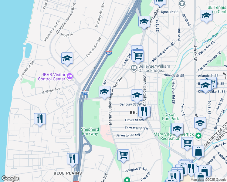 map of restaurants, bars, coffee shops, grocery stores, and more near 4104 Martin Luther King Junior Avenue Southwest in Washington