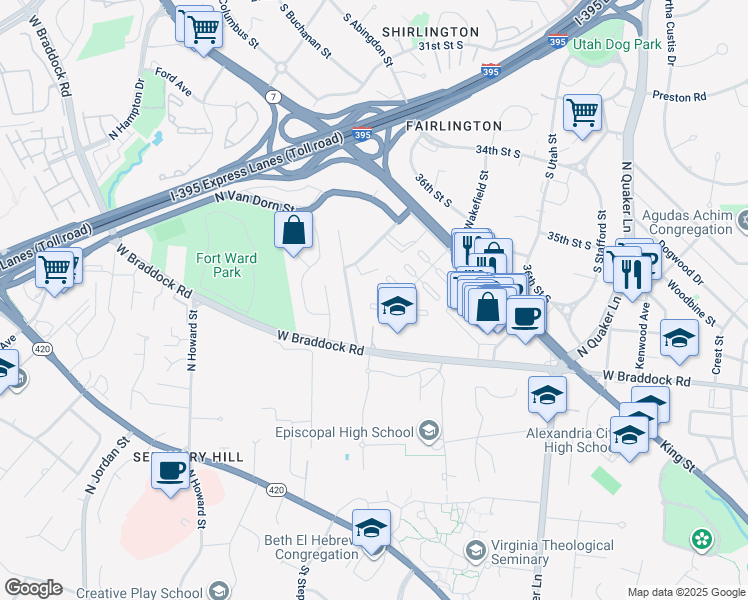 map of restaurants, bars, coffee shops, grocery stores, and more near 3907 Keller Avenue in Alexandria