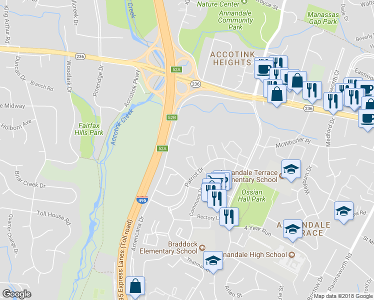 map of restaurants, bars, coffee shops, grocery stores, and more near 4359 Americana Drive in Annandale