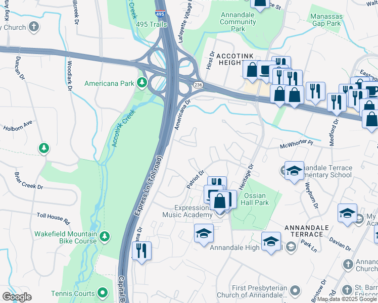 map of restaurants, bars, coffee shops, grocery stores, and more near 4357 Americana Drive in Annandale