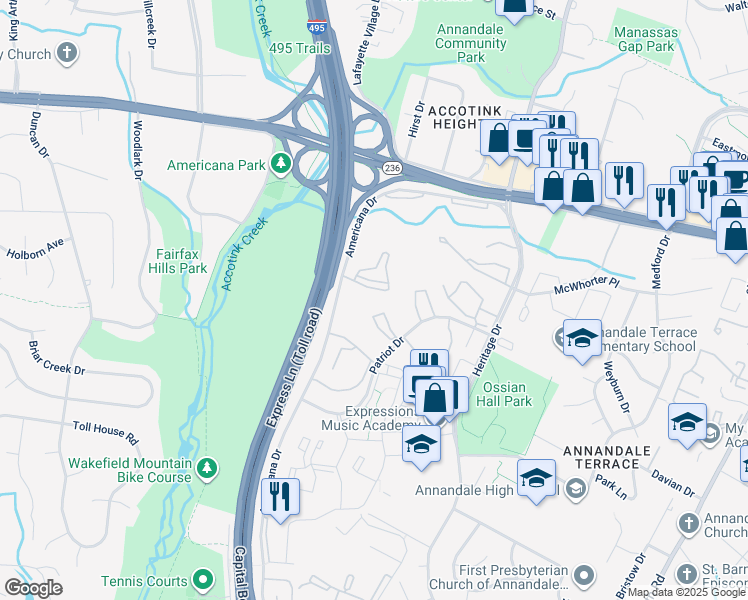 map of restaurants, bars, coffee shops, grocery stores, and more near 4359 Americana Drive in Annandale