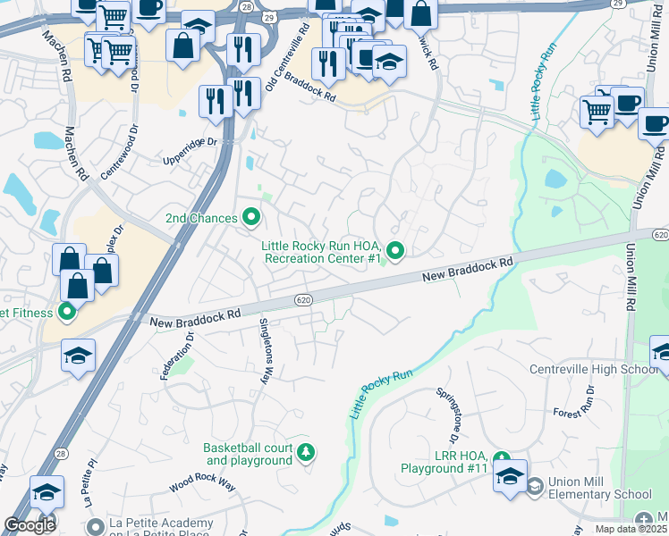 map of restaurants, bars, coffee shops, grocery stores, and more near 13949 Water Pond Ct in Centreville