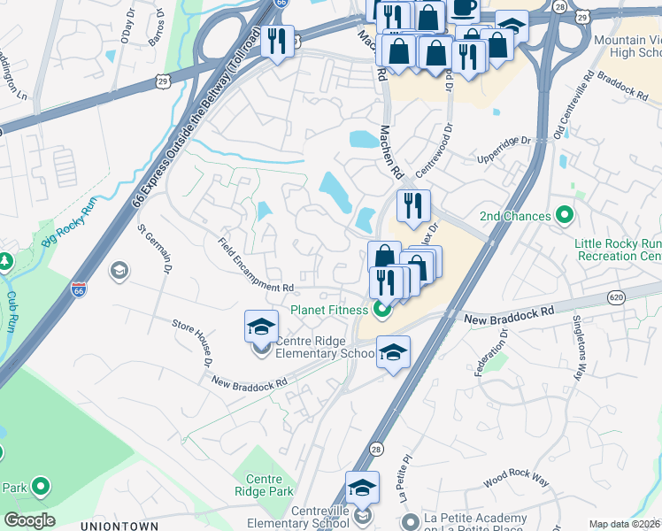 map of restaurants, bars, coffee shops, grocery stores, and more near 14375 Silo Valley View in Centreville