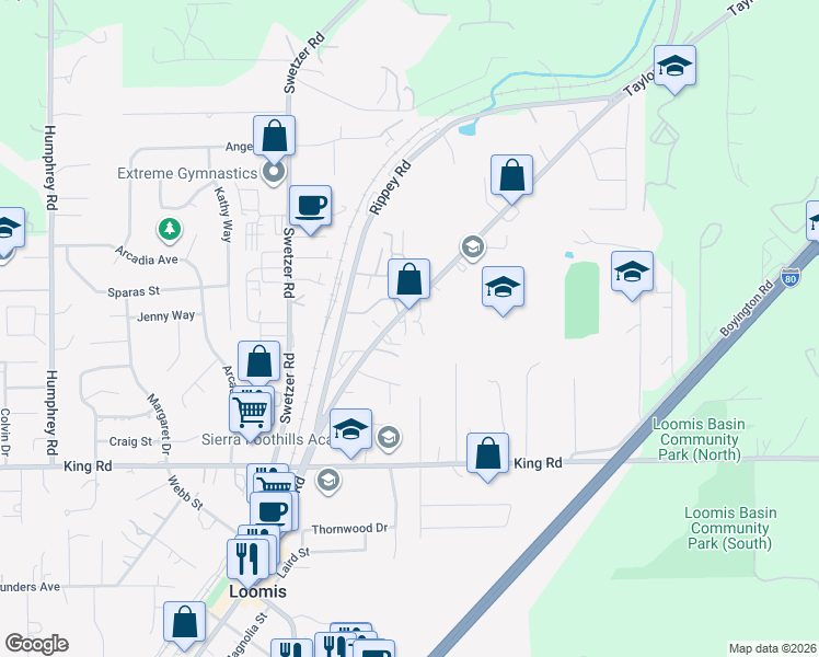 map of restaurants, bars, coffee shops, grocery stores, and more near 3319 Taylor Road in Loomis