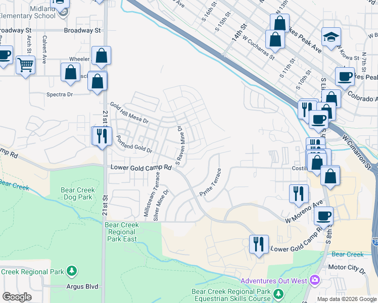 map of restaurants, bars, coffee shops, grocery stores, and more near 1261 Lady Campbell Drive in Colorado Springs