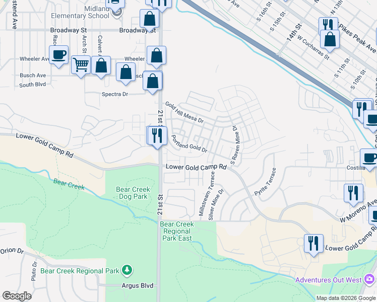 map of restaurants, bars, coffee shops, grocery stores, and more near 414 Eclipse Drive in Colorado Springs