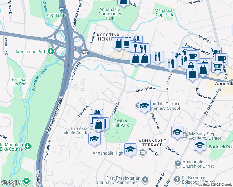 map of restaurants, bars, coffee shops, grocery stores, and more near 7700 Lafayette Forest Drive in Annandale