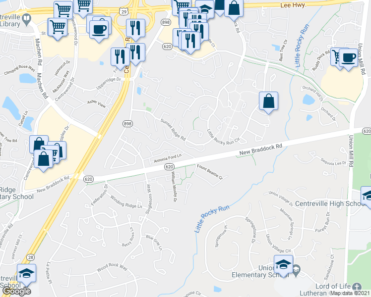 map of restaurants, bars, coffee shops, grocery stores, and more near 13949 Water Pond Ct in Centreville