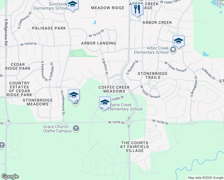 map of restaurants, bars, coffee shops, grocery stores, and more near 16485 South Laurelwood Street in Olathe