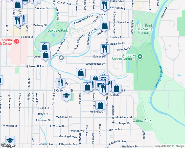map of restaurants, bars, coffee shops, grocery stores, and more near 950 Elmhurst Boulevard in Salina
