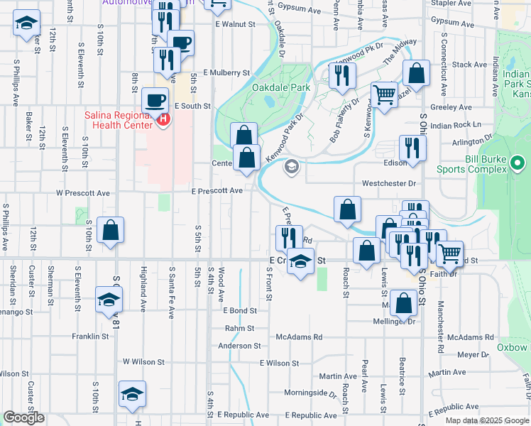 map of restaurants, bars, coffee shops, grocery stores, and more near 634 South Front Street in Salina
