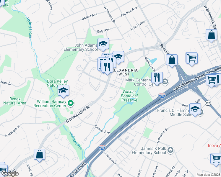 map of restaurants, bars, coffee shops, grocery stores, and more near 1459 North Beauregard Street in Alexandria