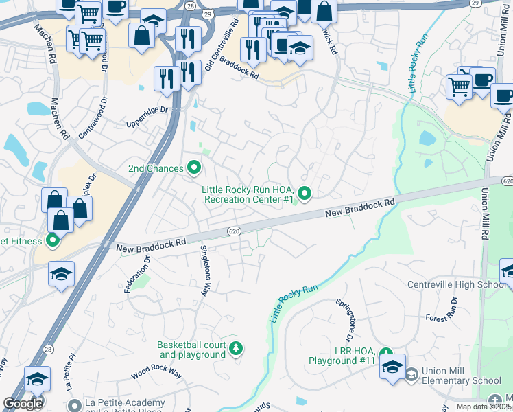 map of restaurants, bars, coffee shops, grocery stores, and more near 13951 Water Pond Court in Centreville