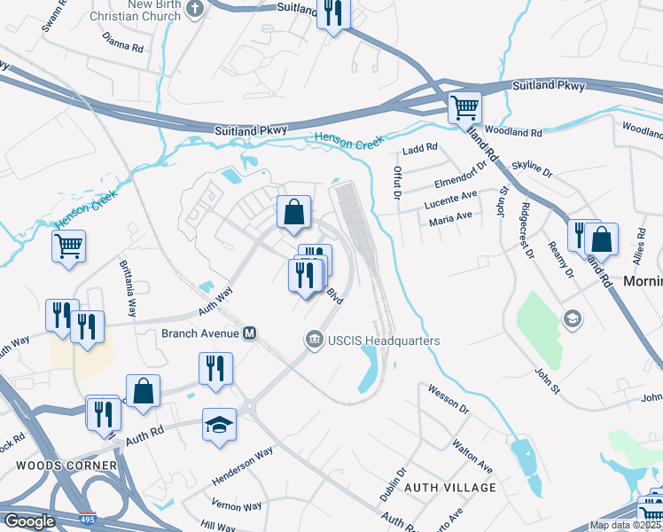 map of restaurants, bars, coffee shops, grocery stores, and more near 4500 Telfair Boulevard in Camp Springs