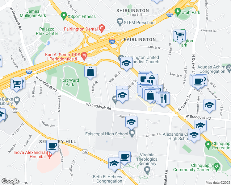 map of restaurants, bars, coffee shops, grocery stores, and more near 3907 Keller Avenue in Alexandria