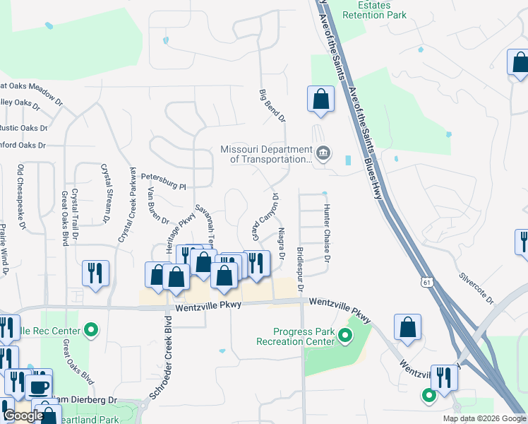 map of restaurants, bars, coffee shops, grocery stores, and more near 221 Niagra Drive in Wentzville