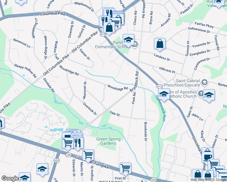 map of restaurants, bars, coffee shops, grocery stores, and more near 6423 Woodridge Road in Alexandria