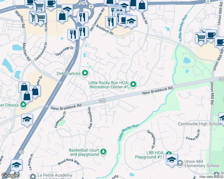 map of restaurants, bars, coffee shops, grocery stores, and more near 13951 Water Pond Court in Centreville