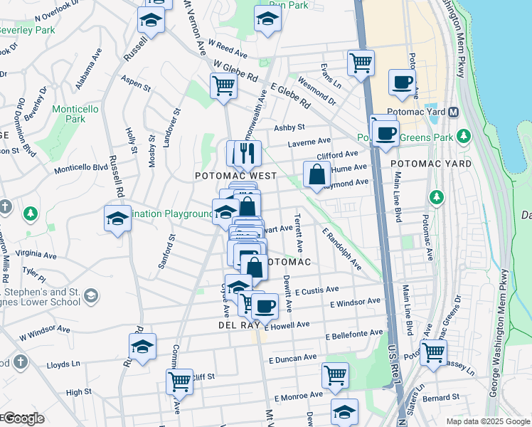 map of restaurants, bars, coffee shops, grocery stores, and more near 113 East Randolph Avenue in Alexandria