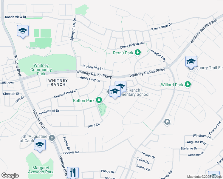 map of restaurants, bars, coffee shops, grocery stores, and more near 901 Campfire Circle in Rocklin