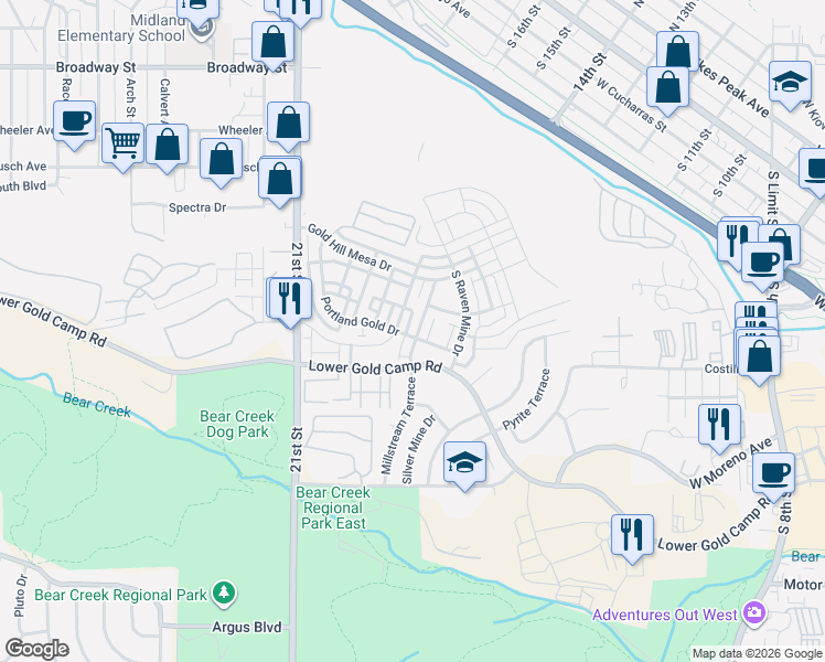 map of restaurants, bars, coffee shops, grocery stores, and more near 198 Millstream Terrace in Colorado Springs
