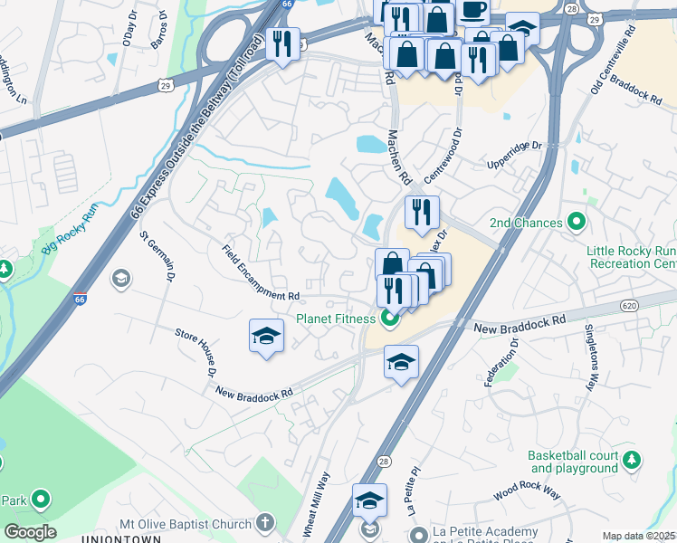 map of restaurants, bars, coffee shops, grocery stores, and more near 14377 Silo Valley View in Centreville