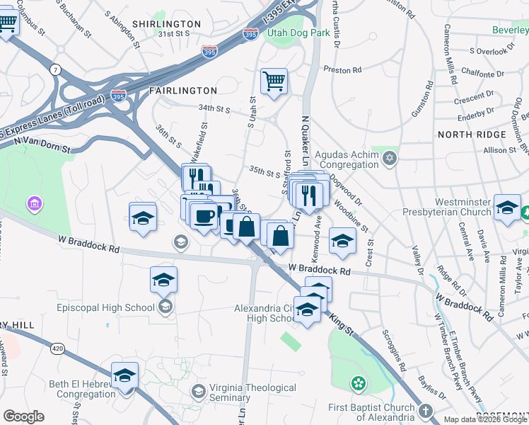 map of restaurants, bars, coffee shops, grocery stores, and more near 3598 South Stafford Street in Arlington
