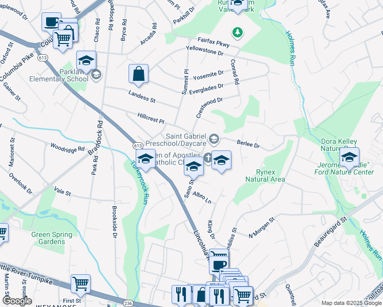 map of restaurants, bars, coffee shops, grocery stores, and more near 6325 Oak Ridge Drive in Alexandria