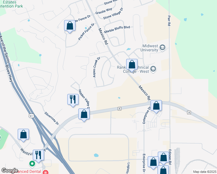 map of restaurants, bars, coffee shops, grocery stores, and more near 418 Pearl Creek Drive in Wentzville