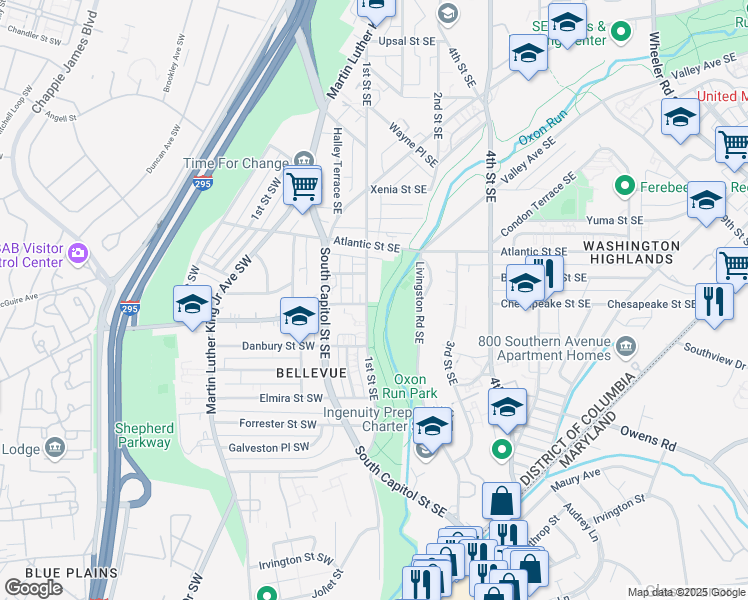map of restaurants, bars, coffee shops, grocery stores, and more near 100 Chesapeake Street Southeast in Washington