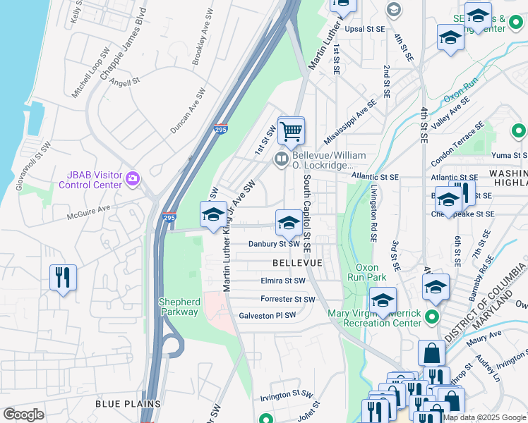map of restaurants, bars, coffee shops, grocery stores, and more near 30 Brandywine Street Southwest in Washington