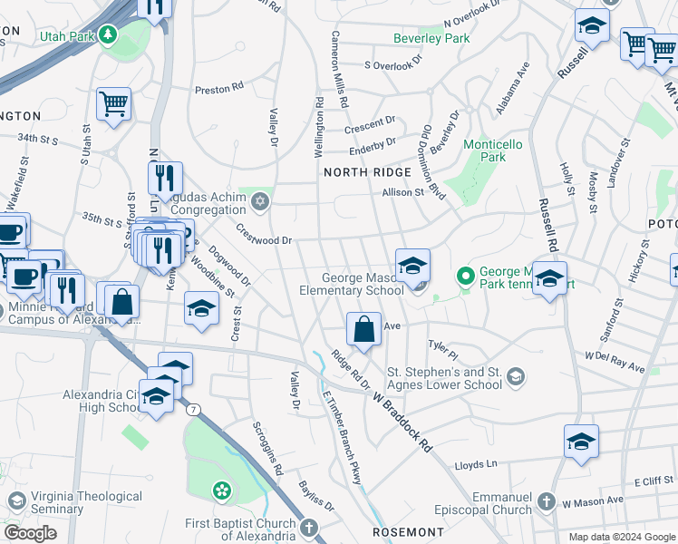 map of restaurants, bars, coffee shops, grocery stores, and more near 2710 Fordham Road in Alexandria