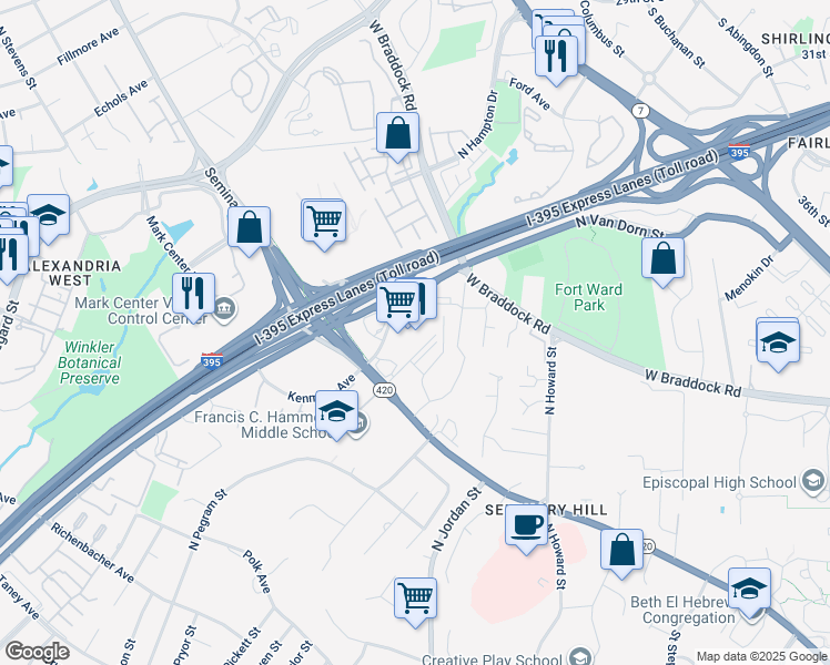 map of restaurants, bars, coffee shops, grocery stores, and more near 4550-4600 Kenmore Avenue in Alexandria