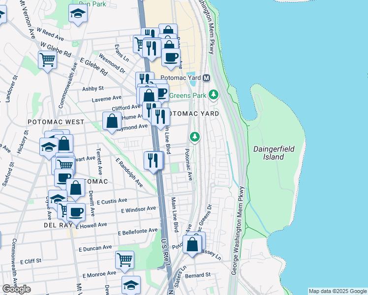map of restaurants, bars, coffee shops, grocery stores, and more near 737 Swann Avenue in Alexandria